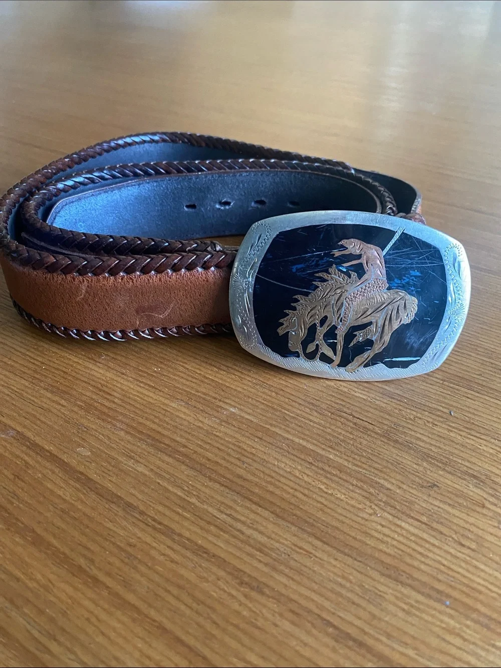 Western Leather Belt with Large inlayed Buckle Brown silver 42